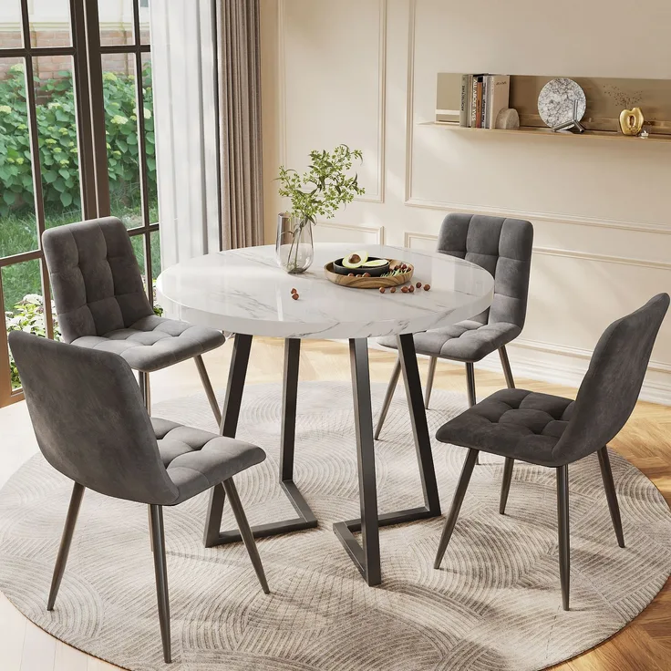 Merax Esstisch-Set (5-teilig), modernes Esstisch-Set (mit 4 Stühlen), Küchen-Esstisch-Set, runder Küchentisch mit 80 cm Durchmesser und schwarzen Metallbeinen, weiße MDF-Platte, dunkelgraue Samtstühle