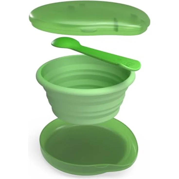 Chicco Reise-Babyset, zusammenklappbarer Silikon-Teller 250 ml, praktischer Löffel, kompakte Aufbewahrung, ideal für unterwegs, tragbares Babyset, bequem und einfach zu transportieren, 6 Monate+, grün – Bild 2