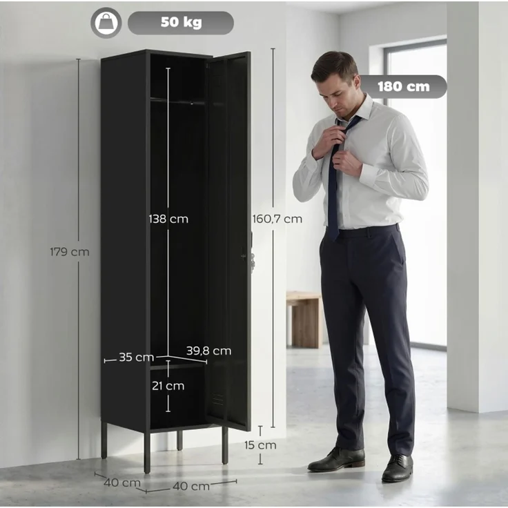 DESVIAE Garderobenschrank mit abschließbarer Tür und Kleiderstange 40x179x40 cm Stahl Schwarz – Bild 6