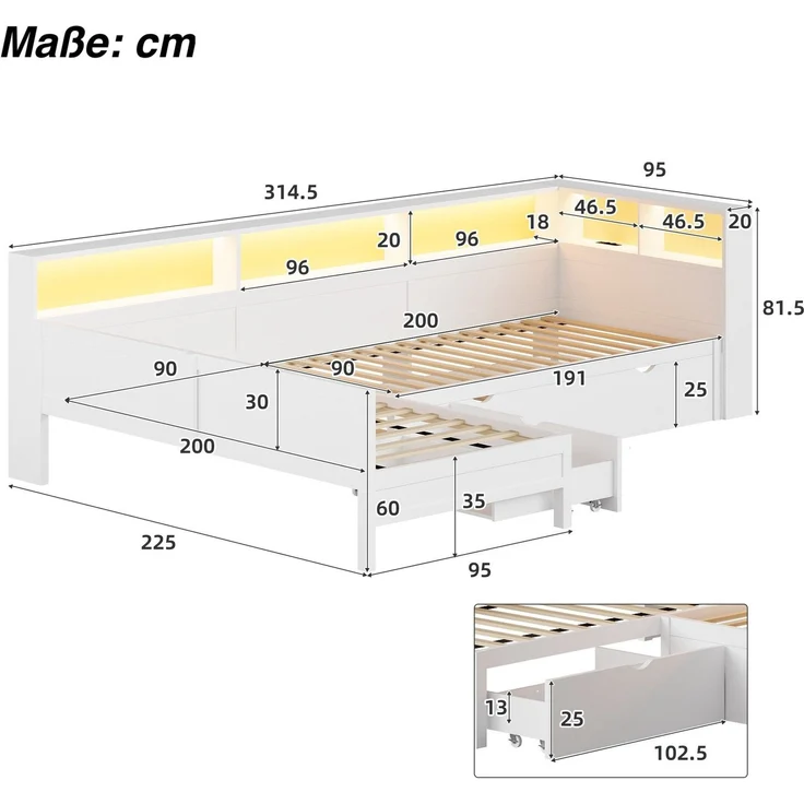 Bett mit LED-Streifen, 3 Schlafgelegenheiten, Regal, Schubladen und Gästebett, 90x200 cm, Holzbett, Jugendbett mit 2 Lattenrosten, L-Form – Bild 4