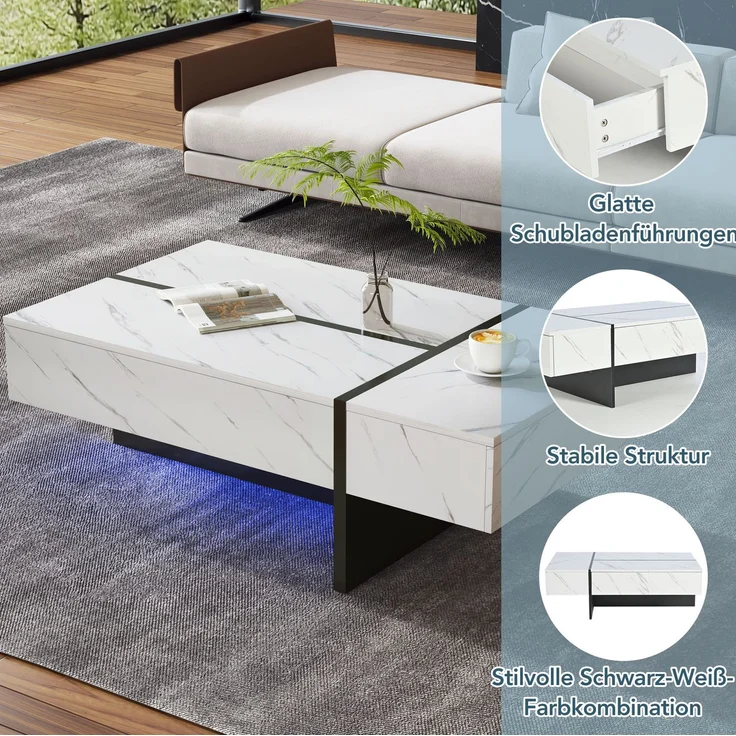 Couchtisch 105x60x35 cm mit 3 Schubladen und LED – Wohnzimmertisch in Weiß mit Hochglanzplatte – Bild 8