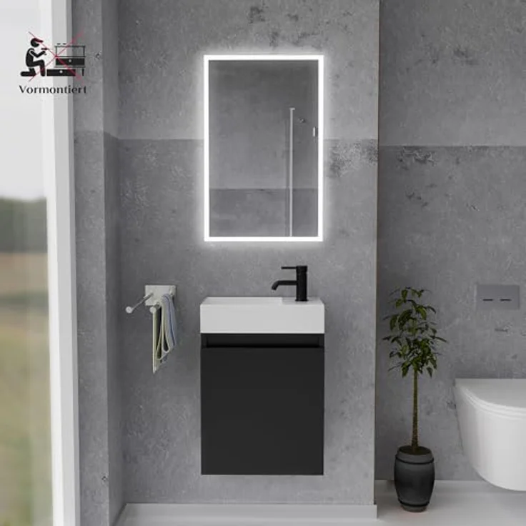 Alpenberger Badmöbel-Set Gäste WC Waschbecken mit Unterschrank - Badschrank Hängend, (2-tlg. Waschtisch Set Schwarz Matt, Waschbeckenunterschrank mit Softclose), Waschplätze für Kleine Bäder - Badschrank Hängend und Vormontiert – Bild 3
