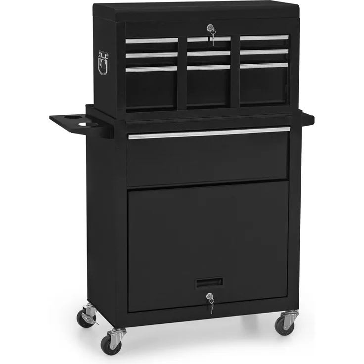 BarberPub 2 in 1 Friseurwagen mit 5 Schubladen, Schrank & 6 Haken, Bedienungswagen mit Rollen, Friseur Arbeitswagen Abschließbar, Beauty Salon Trolley Metall, 0097,Schwarz-Silber