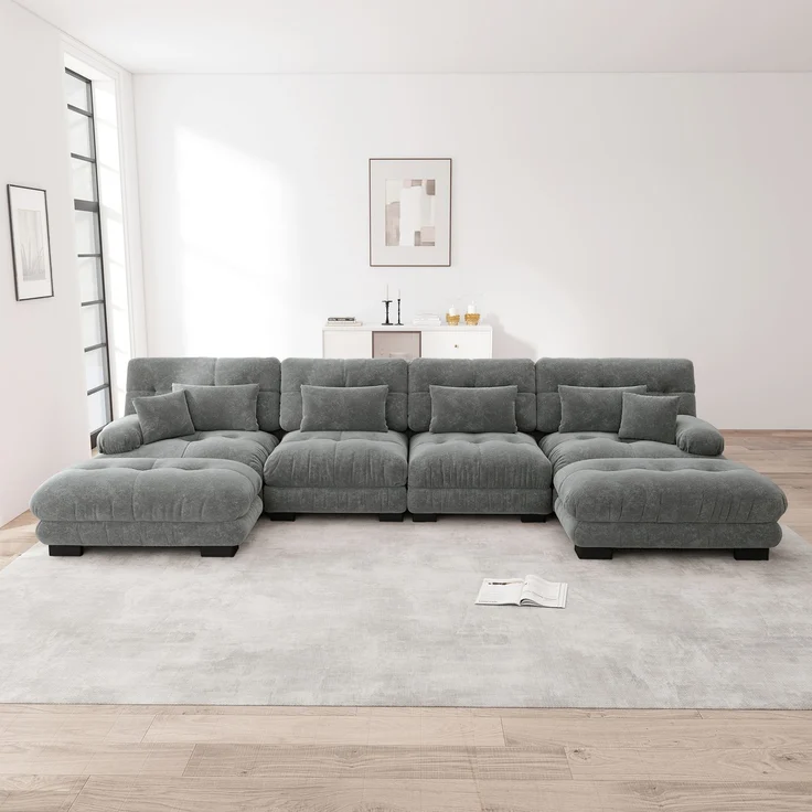 ZUBALIYA Modulare Wohnlandschaft, modular kombinierbar, mit Hocker, H 81 × T 145 × B 406 cm, Grau, Chenille – Bild 1