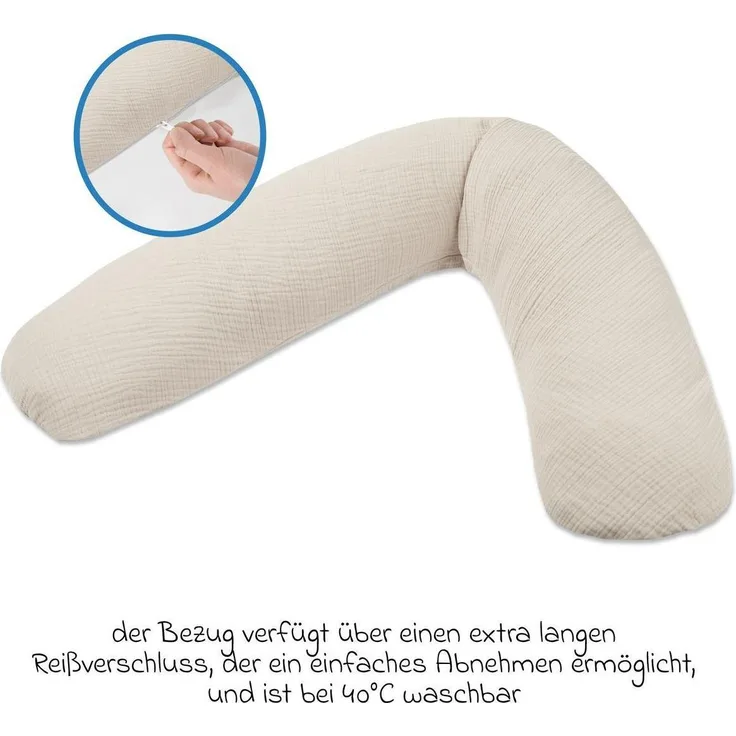 Theraline Dodo Premium Stillkissen, 180 cm mit feiner Perlen-Füllung und hochwertigen Musselin-Bezug in Sandbeige