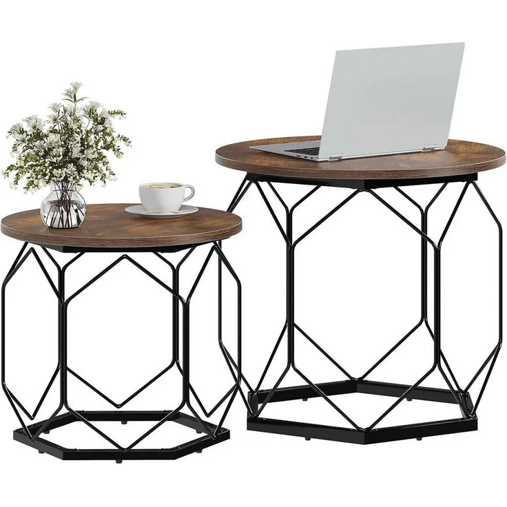 Woltu Couchtisch Set, Rund, Dunkelbraun, Holzwerkstoff und Metall, Gittergestell, 50x45x50 cm, Multifunktional für Wohnzimmer