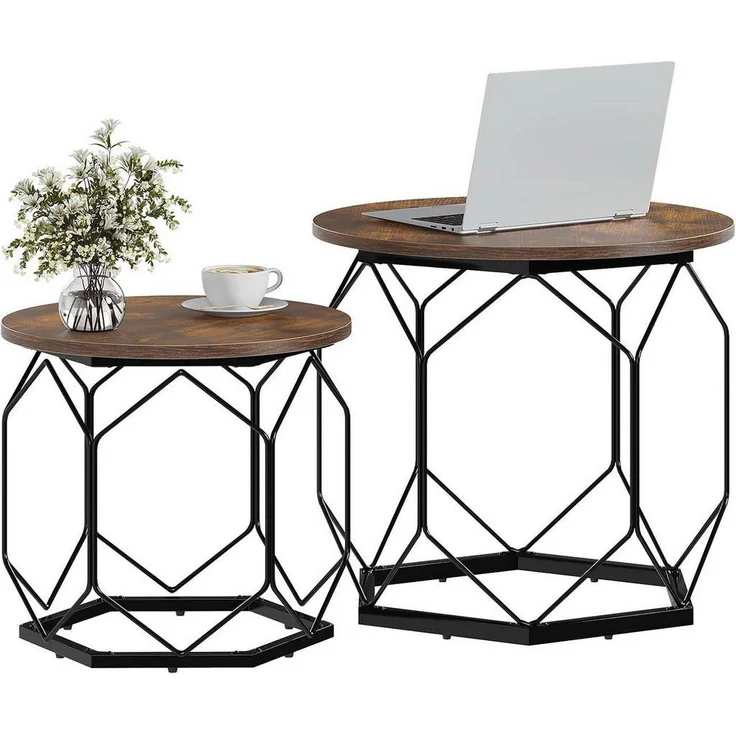 Woltu Couchtisch Set, Rund, Dunkelbraun, Holzwerkstoff und Metall, Gittergestell, 50x45x50 cm, Multifunktional für Wohnzimmer