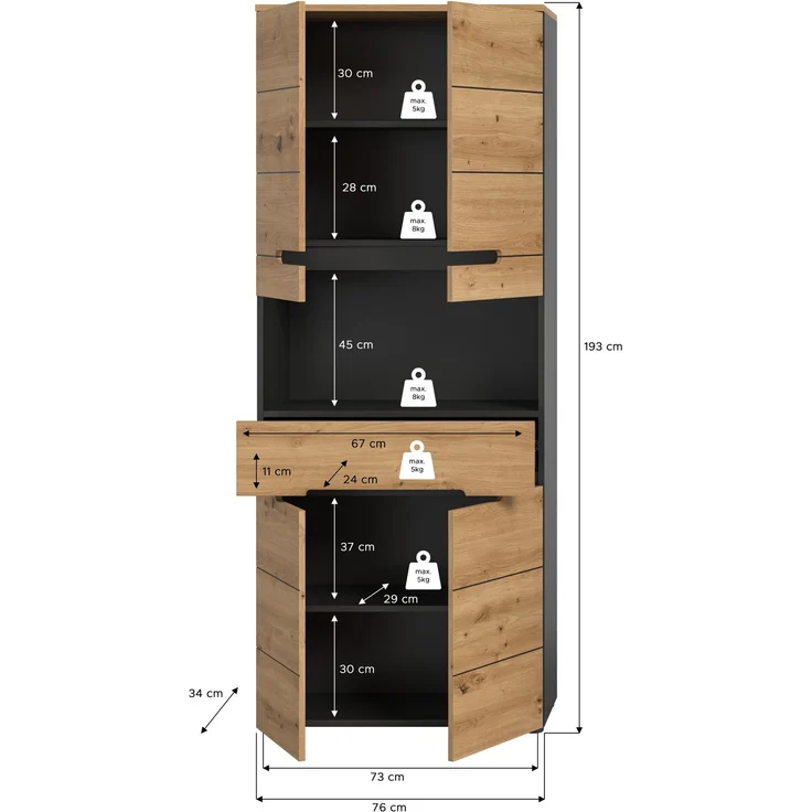 Xonox Canu Hochschrank breit (B/H/T: 76x193x34 cm) in Basalt grau Nachbildung und Artisan Nachbildung – Bild 4