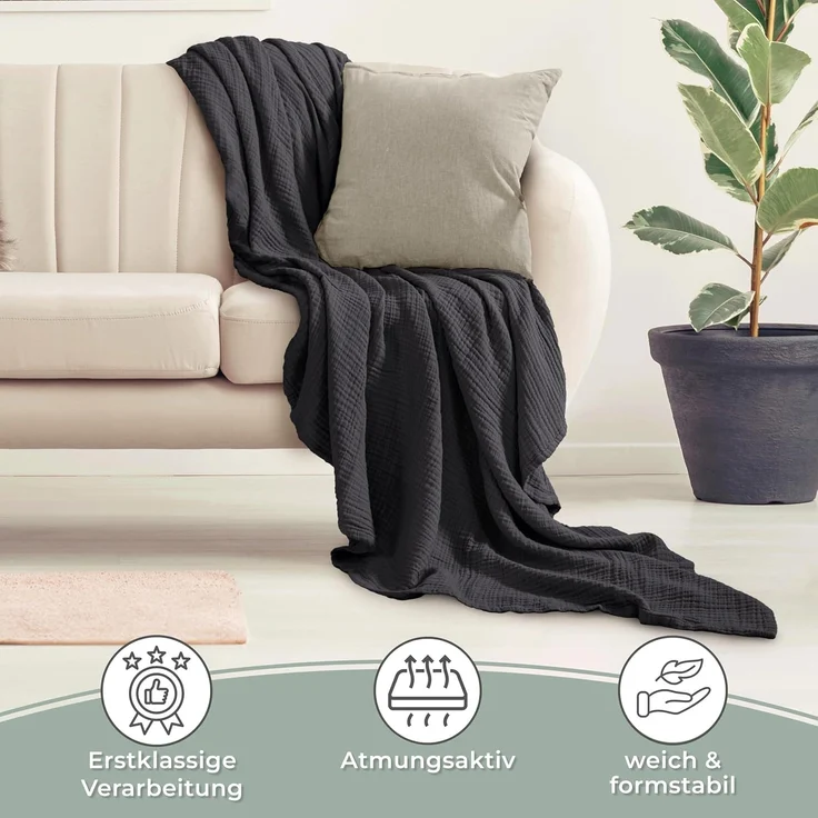 LAYNENBURG Premium Musselin Tagesdecke 180x220 cm - 100% Baumwolle - extraweiche Baumwolldecke als Kuscheldecke, Bett-Überwurf, Sofa-Überwurf, Couch-Überwurf - warme Sofa-Decke (Anthrazit) – Bild 3