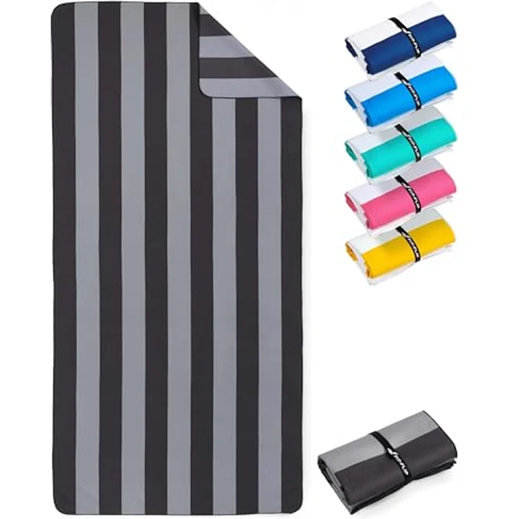 Fit-Flip Strandtuch XXL, Mikrofaser, leicht und schnelltrocknend, 100% recycelt, grau-dunkelgrau gestreift, 200x90cm – Bild 1