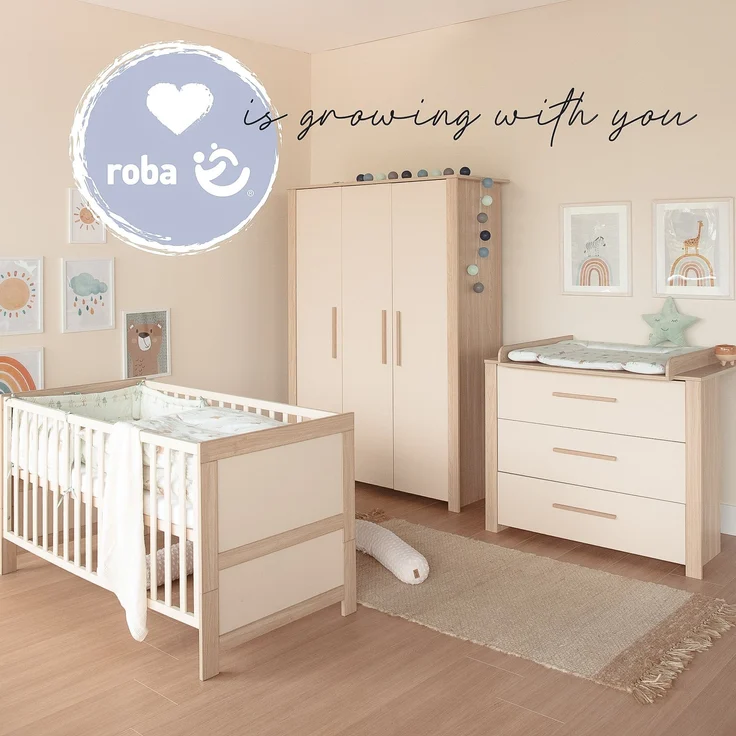roba Babybett Momo 70 x 140 cm - Mitwachsendes Gitterbett - Höhenverstellbar - Umbaubar zum Juniorbett - Holz cashmere lackiert / Dekor Tristan Eiche – Bild 6