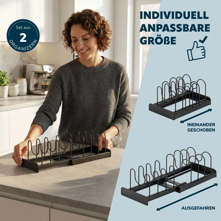 eluno Topfdeckel und Pfannenhalter 2er Set für 7 Töpfe, Pfannen, Deckel, Teller und Schneidebretter aus schwarzem Metall – Bild 5