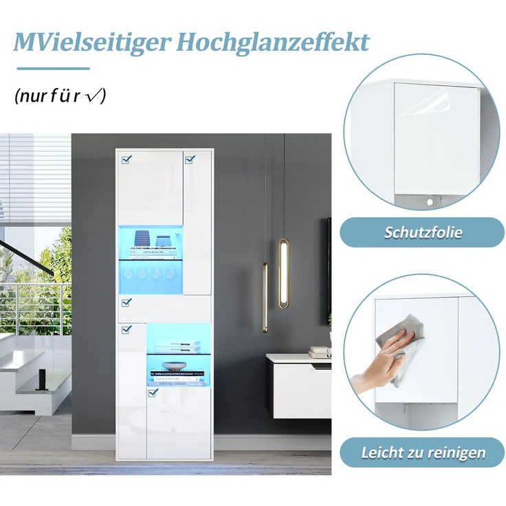 Merax 170cm Verkaufsvitrine, Hochschrank mit 1 Schublade und 4 Schränken, Glasvitrine Vitrinenschränke mit led beleuchtung, Vitrinen Mit Hochglanz-Design, Weiß – Bild 7