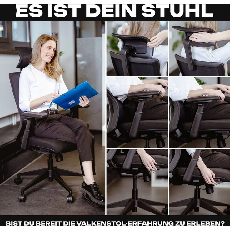 VALKENSTOL M3 PRO SCHWARZ Bürostuhl ergonomisch - 5 Jahre Garantie - Schreibtischstuhl tiefenverstellbare Sitzfläche - 3D Armlehnen - extra bequem – Bild 7