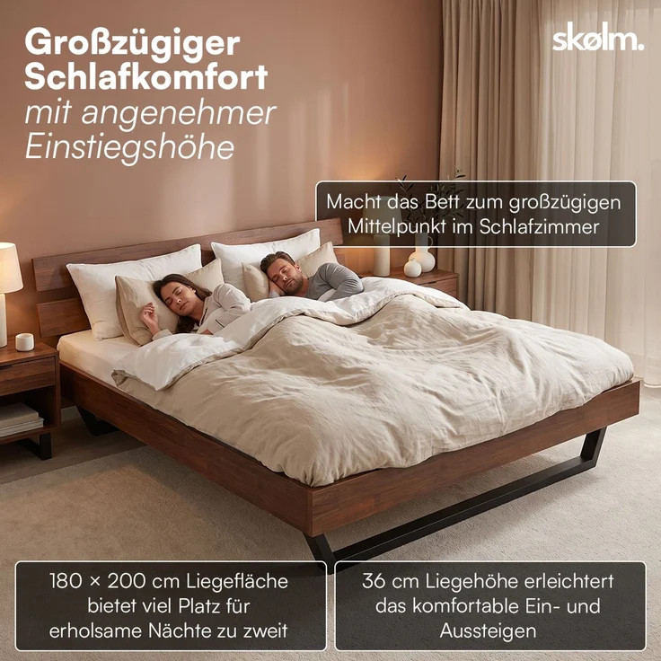 skølm 'Alver' Bett 180x200 cm, Bettgestell, natur geölt, Massivholzbett aus Eiche mit Metallkufen, Walnuss Optik, Bettkopf 2 Streben – Bild 6