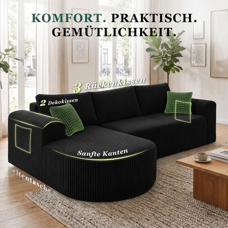 COMHOMA Ecksofa mit Schlaffunktion, 263cm Corduroy Modulares Boneless Couch mit Chaiselongue, L-Form Schlafsofa, Sektionssofas mit Kissen & Seitentaschen,Sofa für Wohnzimmer, Keine Montage, Schwarz – Bild 6