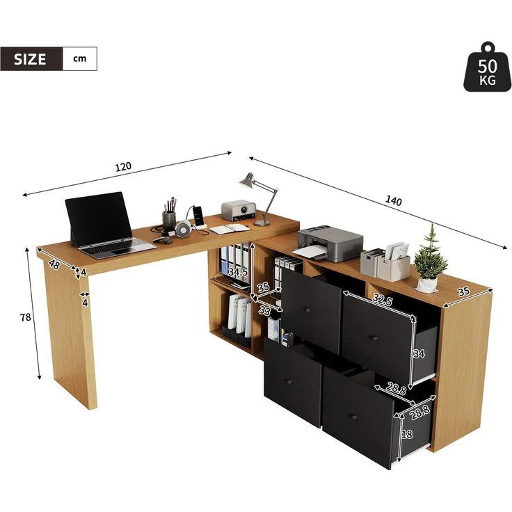 Schreibtisch 120 x 48 x 78 cm mit 360° drehbarer Tischplatte, Sideboard 140 x 35 x 74 cm und 4 Schubladen – Bild 3