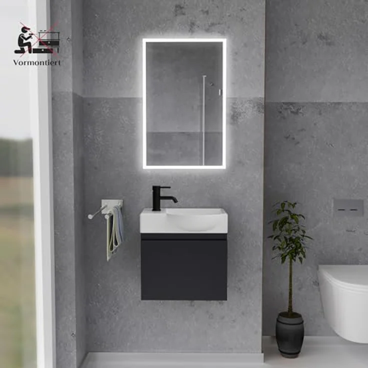 Alpenberger Badmöbel-Set - Gäste WC Waschbecken mit Unterschrank 45 cm Breit, (Badschrank 2-tlg, Waschtisch hängend), Waschbeckenunterschrank mit Softclose - Schwarz - Rechts Becken – Bild 3