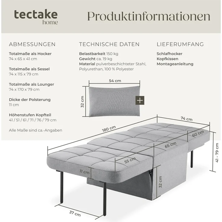 tectake Relaxsessel Schlafhocker, 4 in 1 als Hocker, Sessel, Lounger oder Bett – Bild 3