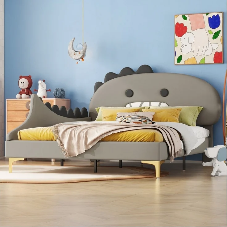Flieks Polsterbett, Kinderbett 140x200cm mit Cartoon Dinosaurier Form Kopfteil Kunstleder – Bild 4
