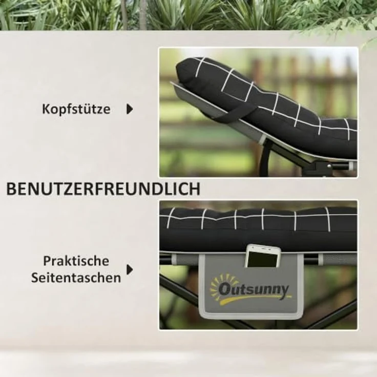 Outsunny Feldbett Campingbett 190 x 67 x 37 cm Gästebett bis 150 kg (mit dicker und weicher Matratze zum Schlafen, 1-St, mit rutschfesten Füßen) Seitentasche und Tragetasche, Schwarz – Bild 4
