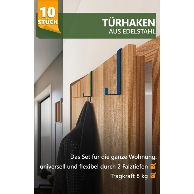 Lindenstein Türhaken Türhaken zum Einhängen, Türen, (Packung, 10-St, 10), Bohrfrei, robust, rostfrei, formbeständig, stabil – Bild 2