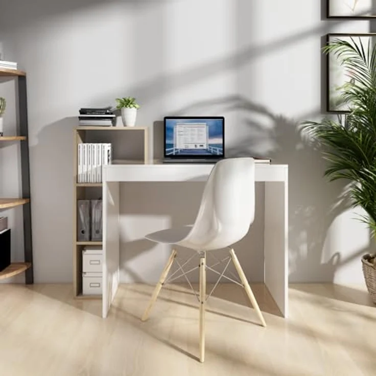 Mondeer Kleiner Schreibtisch, Moderner Computertisch mit 3-stöckiges Regal, Platzsparend, 110 x 40 x 92 cm, Geeignet für Heimbüro Arbeitszimmer Kleiner Platz, Weiß und Eichefarben – Bild 3