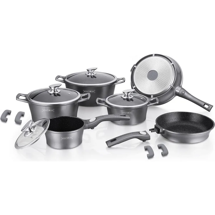 Royalty Line RL-ES2014M: 14-Teiliges Kochgeschirrset mit Marmorbeschichtung Silber
