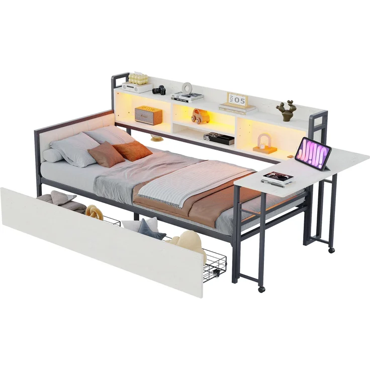 Bett 90x200 cm mit Stauraum und LED-Beleuchtung – Einzelbett aus Metall mit ausziehbarem Schreibtisch – Bild 8