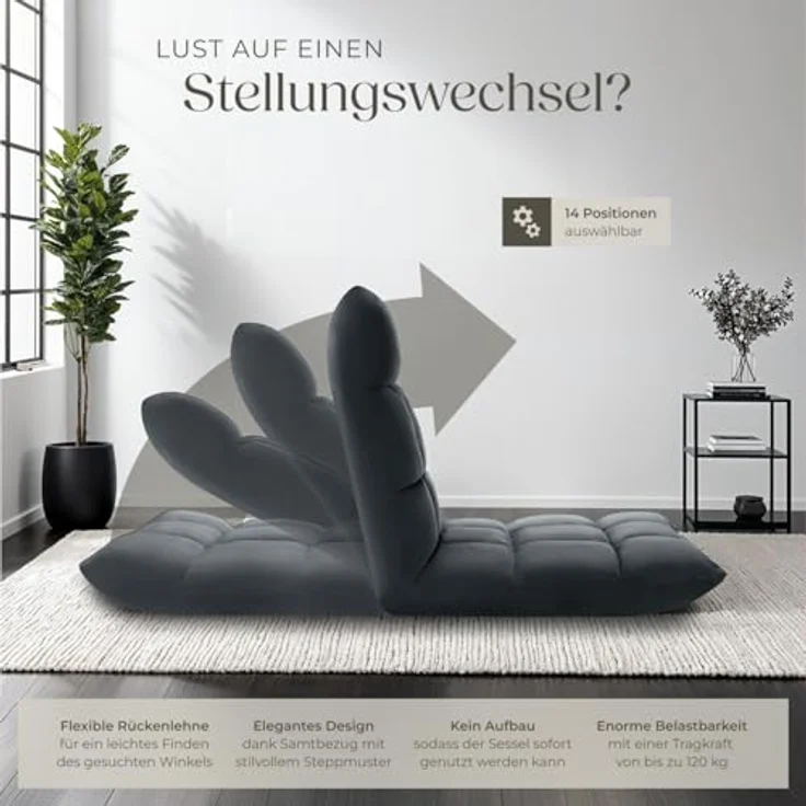 tectake Relaxsessel Fernsehsessel Snooze, 2 in 1 Samt, 14-fach verstellbar, 2 in 1 als Sessel oder Liege, gepolstert, mit Samtbezug – Bild 7