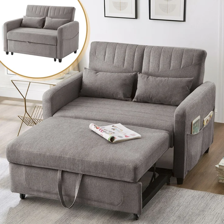 Sofabett 114x77x82,5 cm Grau, ausziehbar mit 3-fach verstellbarer Rückenlehne & Baumwoll-Leinen – Bild 1