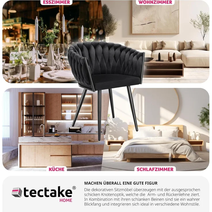 tectake Esszimmerstuhl Astano (6er Set, 6 St), gepolstert, mit Samtbezug, Knotendesign – Bild 10