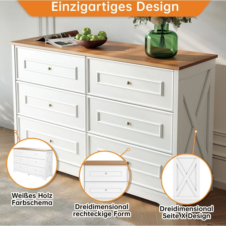 DESVIAE Sideboard mit 6 Schubladen 120x76x40 cm MDF und Spanplatte Weiß/Naturholz – Bild 6