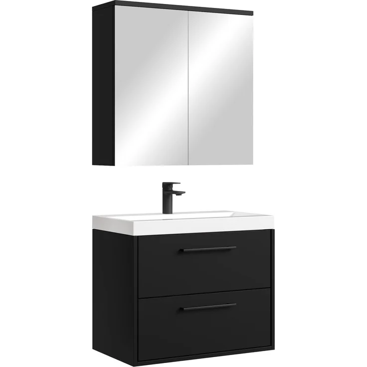 Badmöbel Komplettset Florence 60 x 35 cm Schwarz Matt - Badezimmermöbel mit Waschbecken und Spiegelschrank – Bild 1