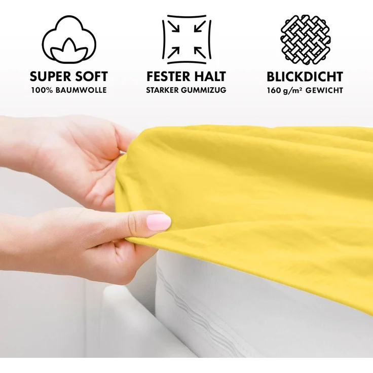 Jacobson Jersey Spannbettlaken Spannbetttuch Baumwolle Bettlaken (140x200-160x200 cm, Gelb) – Bild 3