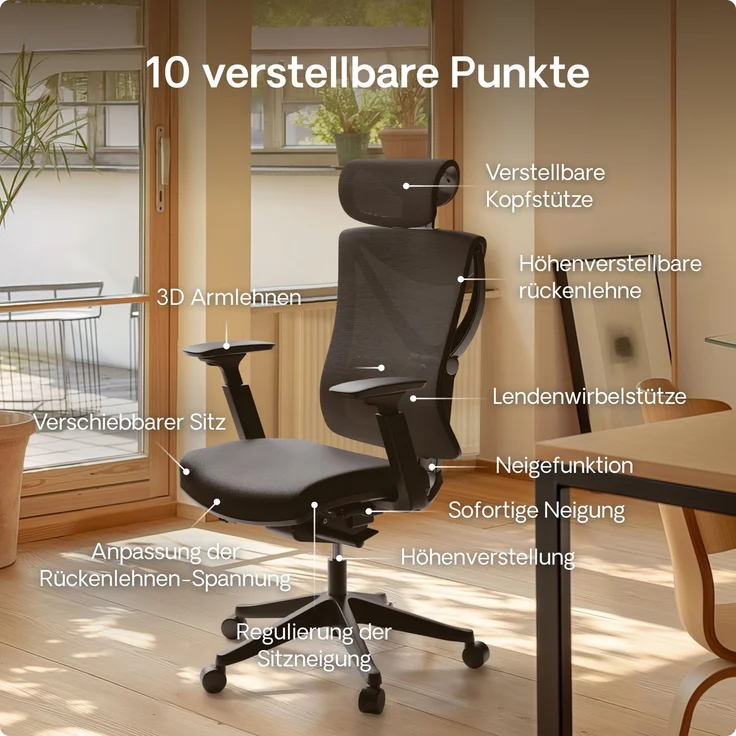 Desktronic Bürostuhl Verstellbarer Ergonomischer SitPro, Schwarz 3-Dimensional Armlehne, Integrierte 5-Wege-Lendenwirbelstütze – Bild 4