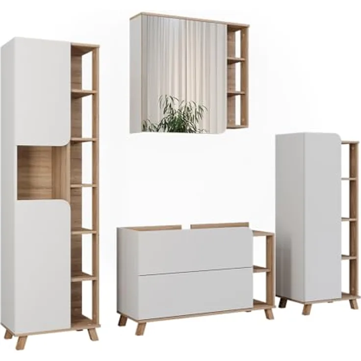 Vichy Badmöbel-Set Karen, moderne Badezimmermöbel in Sonoma/Weiß, 4 Teile mit Waschbeckenunterschrank und Spiegelschrank, hochwertige Spanplatte 