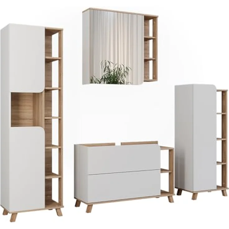 Vichy Badmöbel-Set Karen, moderne Badezimmermöbel in Sonoma/Weiß, 4 Teile mit Waschbeckenunterschrank und Spiegelschrank, hochwertige Spanplatte  – Bild 1