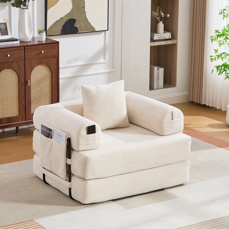 LVHOM 3-in-1 Schlafsessel, Klappsofa mit Schlaffunktion, Einzelschlafsofa mit Seitentaschen und Kissen, Polstersofa aus Cordstoff, frei Kombination, Beige