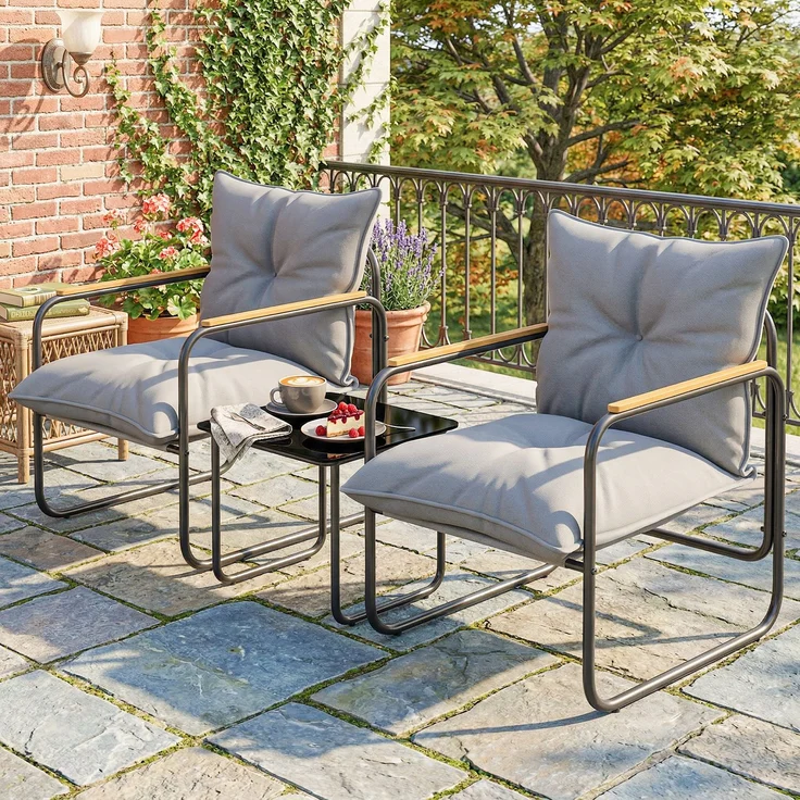 3-teiliges Bistrò-Set, Gartenmöbel aus Metall mit Kissen, Dunkelgrau – Bild 4