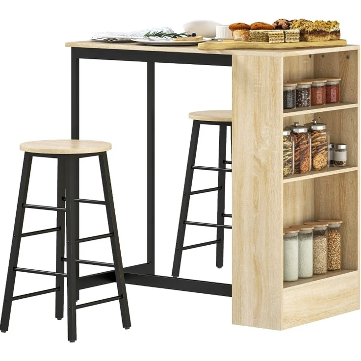 Bartisch-Set H 91 x T 49 x B 91 cm mit Stauraum, Stahl und Spanplatte in Eichenoptik, mit 2 Hockern – Bild 7