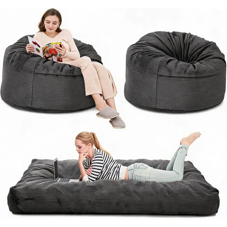 IDEALHOUSE 2-in-1 Sitzsack-Bett, Sitzsack-Sessel 200*150cm,Schaumstoff Sofa | Sitzsack-Sofa mit Bettfunktion, Memory/Hochdichtschaum-Füllung, Cordbezug abnehmbar&maschinenwaschbar, Grau