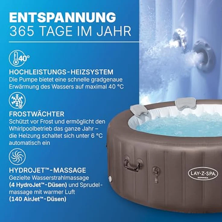 Bestway Lay-Z-SPA Whirlpool Dominica HydroJet, Ø 196 x 71 cm, 6 Personen, Heizung, Frostwächter, 4 HydroJet-Düsen, 140 AirJet-Düsen, App-Steuerung, Thermo-Abdeckung, Energieeffizient, Urbanbraun – Bild 5