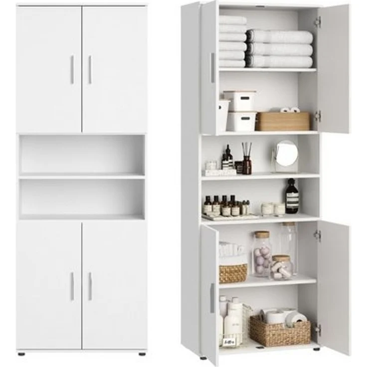Home Collective Badkommode Badezimmerschrank Hochschrank 6 Fächer – robust & pflegeleicht, 70x35x187 cm (BxTxH), Weiß, 4 Türen, pflegeleicht & viel Stauraum – Bild 4
