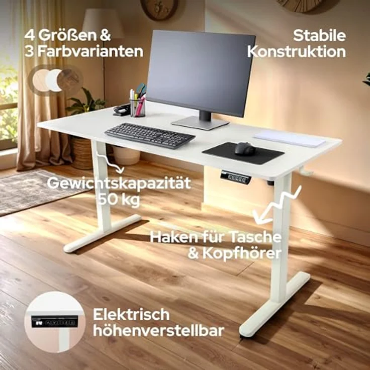 Arebos Schreibtisch Computer-Bürotisch 140 x 60 cm, elektrisch Memory-Funktion, 72-118 cm höhenverstellbar, Hebekapazität: 50 kg – Bild 5