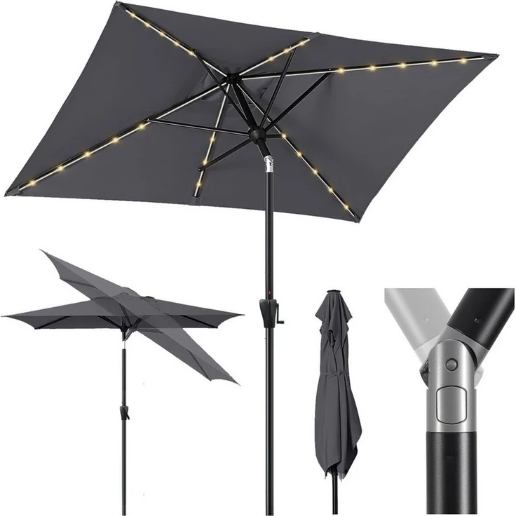 Sekey Aluminum Solar-Sonnenschirm mit LED-Beleuchtung 210x140 cm, UV50+ Rechteckiger Balkon-Garten-Schirm, Solarlampe & Kurbelsystem – Bild 2