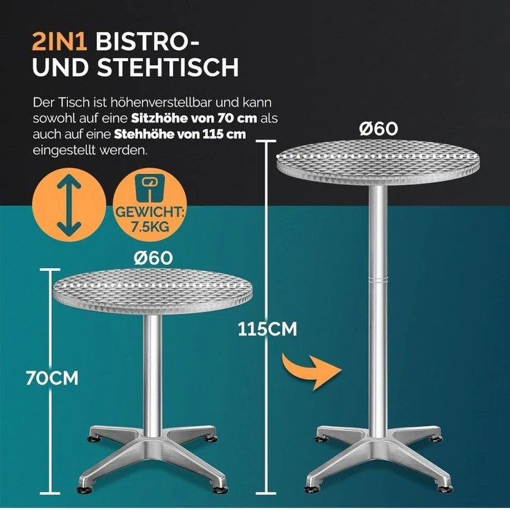 Casaria Stehtisch (1-St), Stabil Höhenverstellbar 70 cm / 115 cm Hoch Alu Rund Ø60cm Wetterfest – Bild 3