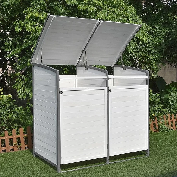Mülltonnenbox Doppelbox Mülltonnenverkleidung Einzelbox + Anbaubox Weiß Grau Mülltonne 240L Gartenbox Anbaubox Holz Anbau Deckel Grau Weiß Zinkdach – Bild 3