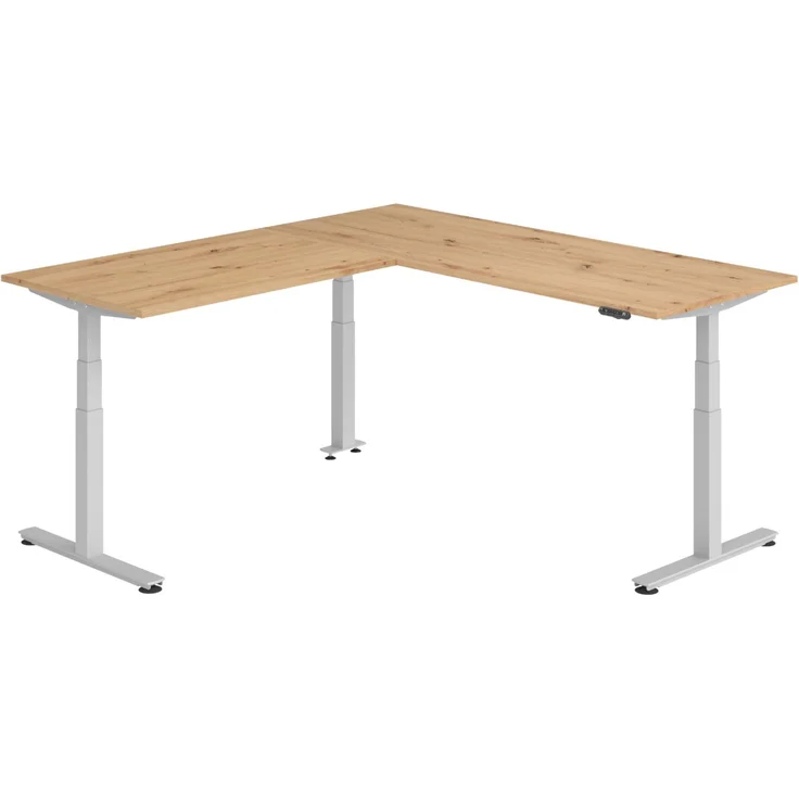 bümö Eckschreibtisch elektrisch höhenverstellbar L-Form: 200 x 220 cm in Asteiche, Gestell silber - Stehschreibtisch mit Memory-Steuerung, elektrischer XXL Schreibtisch für die Ecke, XDSMW-2014-R-S – Bild 1