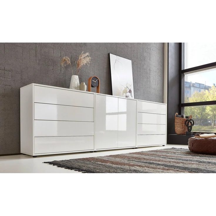 BMG Möbel Sideboard Mailand Set 4 (Kommode Anrichte Aktenschrank), mit weiß lackierten Hochglanzfronten – Bild 1
